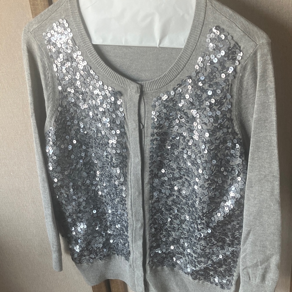 FINAL MARKDOWN Talbots Silver Sequin front Cardigan petite small